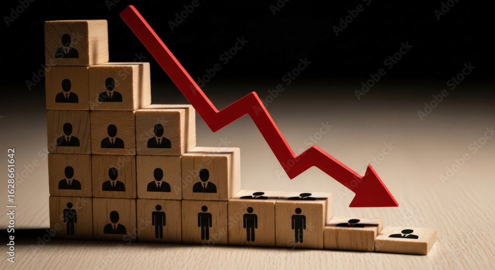 Fototapeta premium Declining Workforce Concept with Wooden Blocks Representing Employees and a Downward Arrow Symbolizing Job Losses and Economic Downturn in the Employment Sector