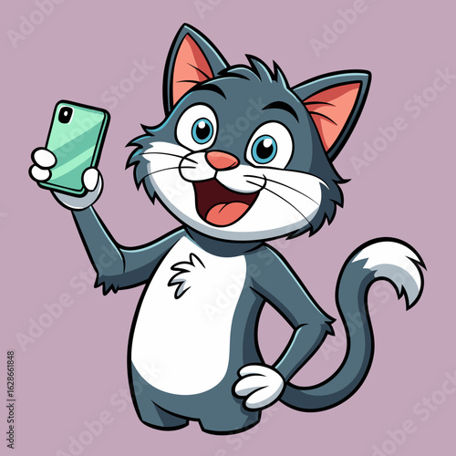 Happy cartoon cat taking a selfie with a smartphone