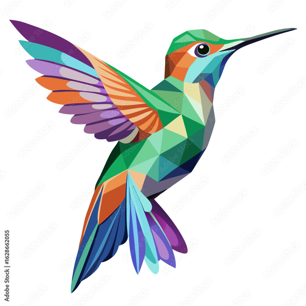 Obraz premium Geometric hummingbird in flight with colorful wings and tail