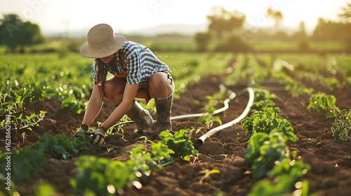 Woman farmer working organic farm agriculture field planting crops gardening harvest rural lifestyle outdoor farm