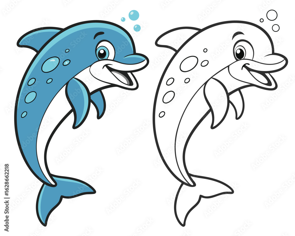 Obraz premium Cartoon dolphin smiles with bubbles beside a coloring version, both against a white background