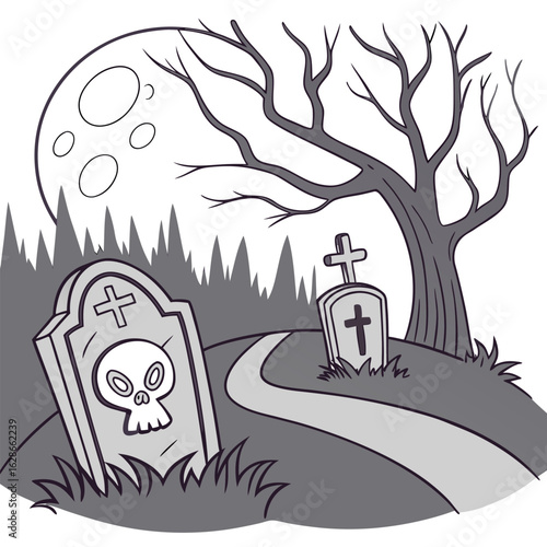 A spooky graveyard scene under a full moon with a bare tree and tombstones featuring a skull and crosses perfect for halloween