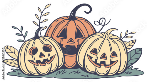 Three cheerful carved pumpkins with spooky faces and decorative foliage create a festive halloween scene perfect for seasonal celebrations and decorations