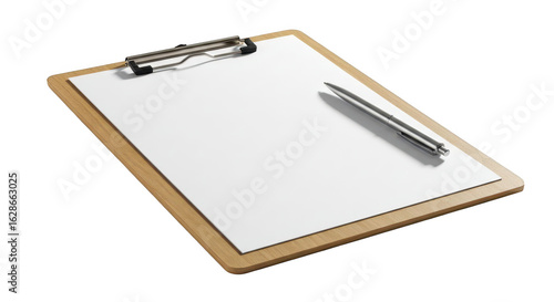 Clipboard with blank paper and pen on black background