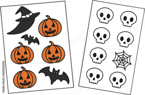 A halloween sticker sheet featuring colorful pumpkins bats and a witch hat alongside a sheet of black and white skulls and a spiderweb