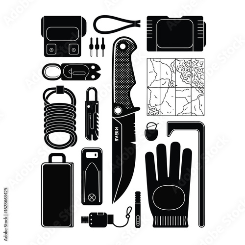 Black and white vector illustration of urban survival gear with folding knife lockpick set multitool flashlight and paracord bracelet