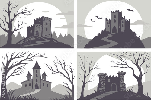 Four gothic castles silhouetted against a large moon and cloudy sky evoking a sense of mystery and the supernatural