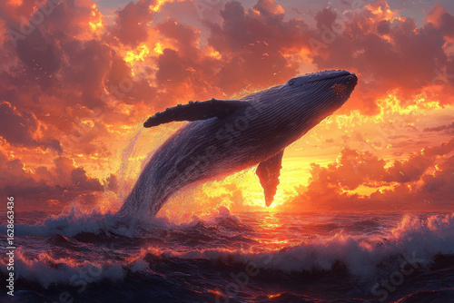 A whale jumps out of the water at sunset.