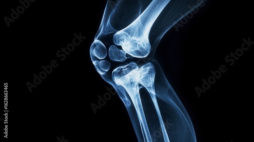 Close-up X-ray image of a human knee joint, showcasing bone structure and detail.