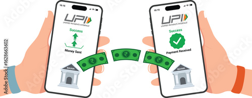 UPI money transfer illustration between smartphones, one user sending and another receiving digital payment, flat vector concept for fintech, mobile banking, and online transaction platforms