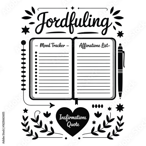 Journaling for mindfulness vector bundle with notebook, pen, mood tracker, gratitude list, affirmation card, quote, bookmark, and planner
