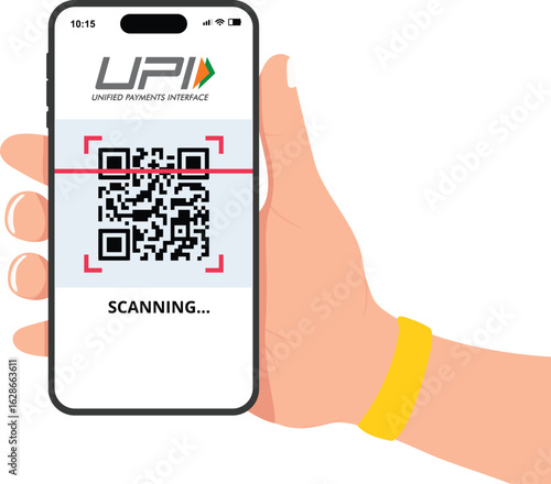 Scanning QR code on UPI mobile app for digital payment, vector illustration showing phone screen during money transfer via Paytm, Google Pay, PhonePe and other fintech applications