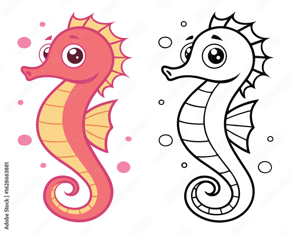 Obraz premium Cartoon seahorse with bubbles stands alongside its black and white outline version on white