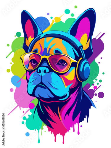 Colorful Pop Art Portrait of a Vibrant French Bulldog with Headphones