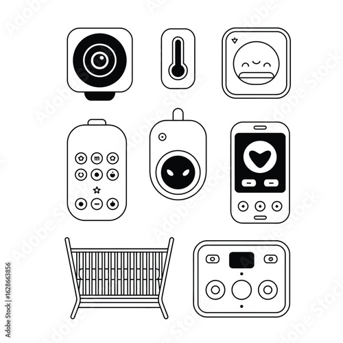 Smart baby monitor devices vector bundle including camera, temperature sensor, audio monitor, crib, lullaby panel, and app UI