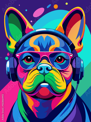 Colorful Pop Art Portrait of a Vibrant French Bulldog with Headphones