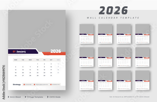 2026 wall calendar 12-page template | Monthly wall calendar planner layout | Week starts on Monday