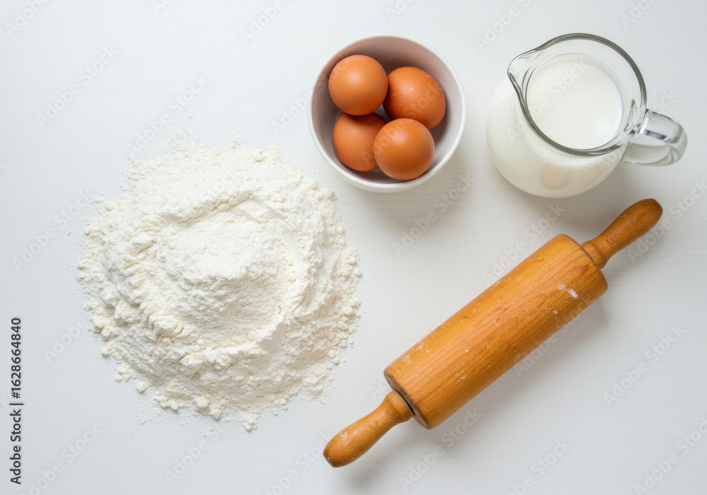 Ingredients for making a cake: flour, sugar, eggs, butter, baking powder, vanilla extract, and milk. Ingredients for making a cake: flour, sugar, eggs, butter, baking powder, vanilla extract, and milk.