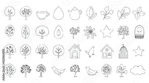 Collection of hand drawn trees birds houses leaves stars and cloud vector
