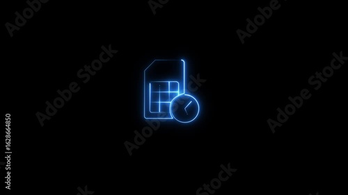 Glowing neon line Sim card time icon isolated on black background. Mobile cellular phone sim card chip. Mobile telecommunications technology symbol ,Neon time sim card icon 4K video.
