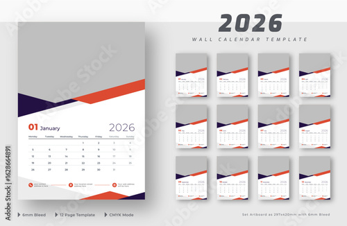 2026 wall calendar 12-page template | Editable monthly wall calendar planner | Week starts on Monday	