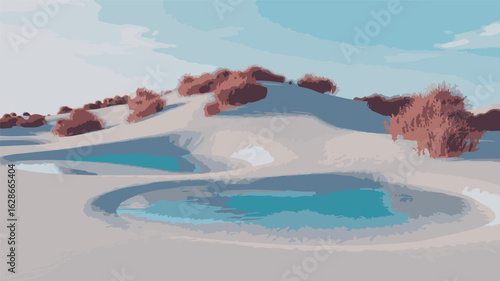 Desert dunes with pools and sparse vegetation landscape water