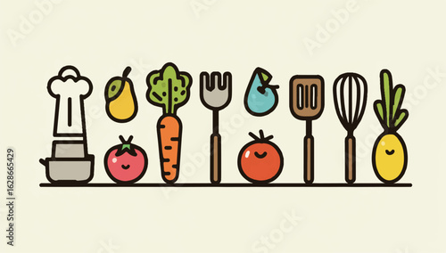 Colorful Kitchen Utensils and Fresh Vegetables Illustration Promoting Healthy Eating and Culinary Arts Education Ideal for Cooking Blogs and Recipe Websites