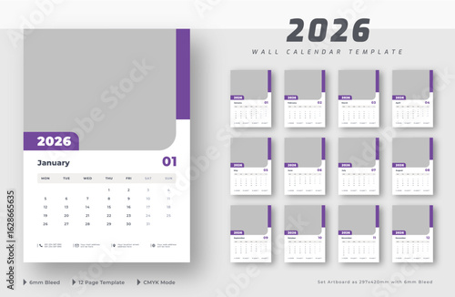 2026 wall calendar 12-page template | Editable monthly wall calendar planner layout | Week starts on Monday	