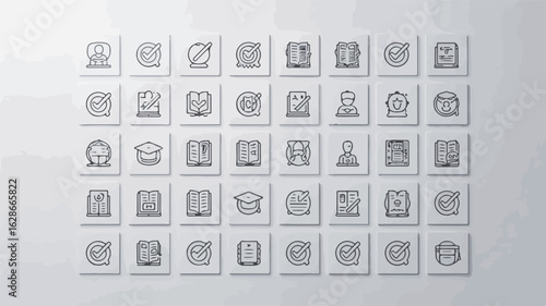 Education icons people books graduation caps checkmarks vector