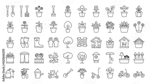 Garden tools plants flowers houses and equipment line art icons gardening potted plants