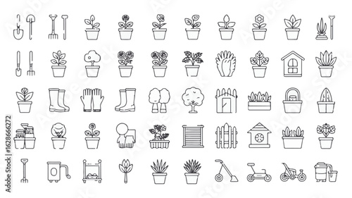 Gardening tools plants pots and accessories line art icons vector