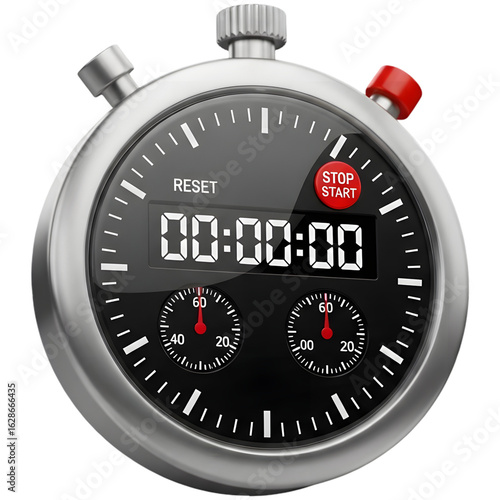 Metallic stopwatch with digital display showing zeros and analog subdials.
