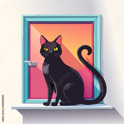 Sleek black cat with bright yellow eyes sitting poised on a windowsill against a vibrant pink and orange backdrop, a modern digital illustration