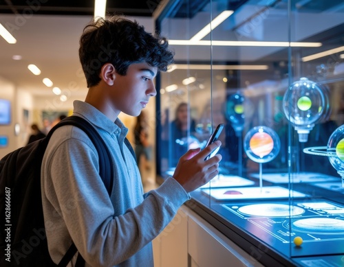 A teenage student takes a picture of a science museum exhibit using a smartphone.