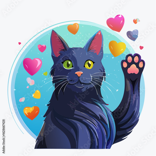 Adorable black cat waving a friendly paw surrounded by colorful floating hearts, a charming illustration of love and affection