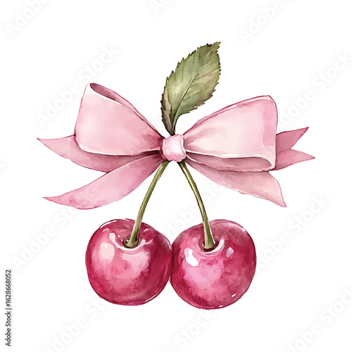 Watercolor Cherries with Bow Vector with Transparent Background in PNG Format for Fruit and Dessert Designs