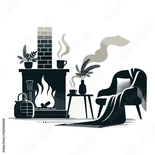 Fireplace, blankets, hot drinks on table Vector Design