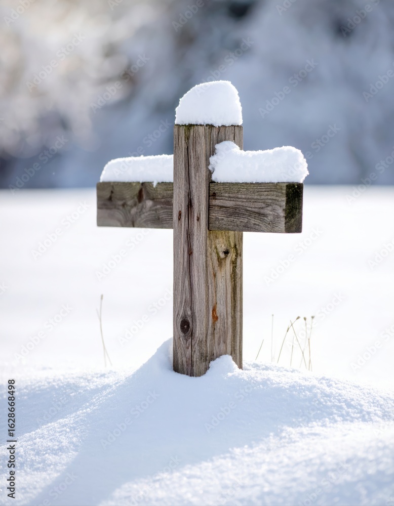 Naklejka premium Weathered Wooden Fence Post in Deep Snow - Winter Isolation Scene with Natural Snow Drifts - Minimalist Winter Detail