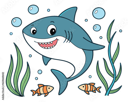 Playful blue shark swims happily with bubbles and fishes on a white background