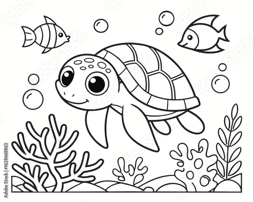Sea turtle swims near the fish and corals with a transparent background