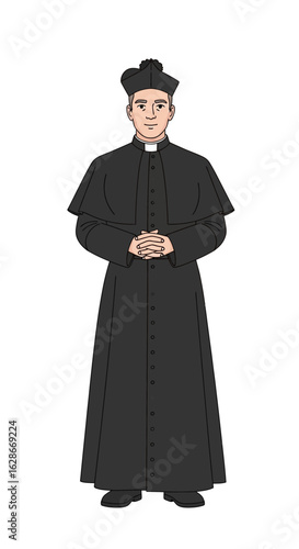 Illustration of a Catholic priest in a black cassock and biretta. A conceptual image representing faith, religious service, and spiritual devotion.