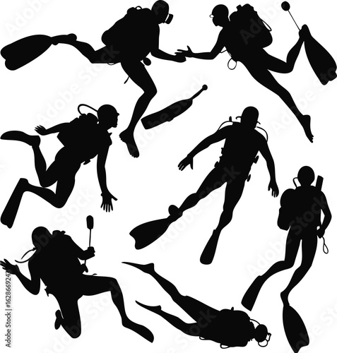Scuba divers silhouettes swimming underwater on white background
