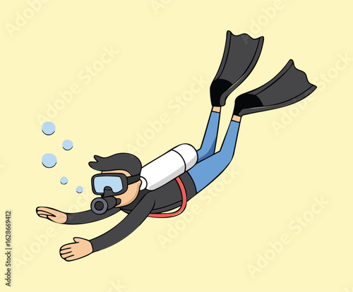 Scuba diver swimming underwater with bubbles on a yellow background