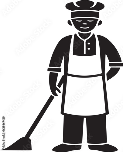 Chef with broom icon on white background cook sweeping