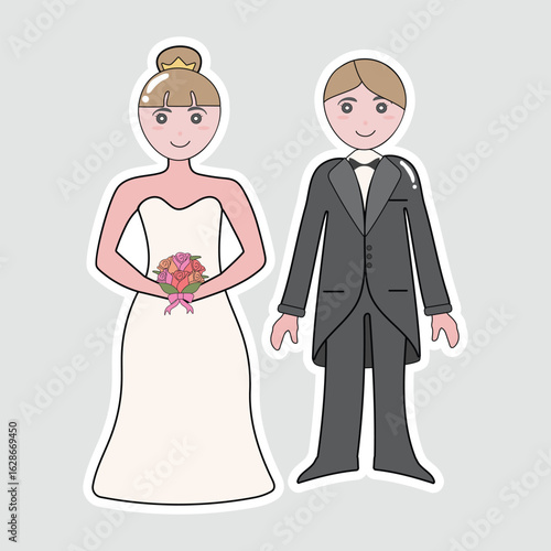 Bride and Groom Standing Vector Illustration Sticker. Cute vector sticker of a bride and groom standing together, perfect for wedding themes, invitations, and romantic decorations