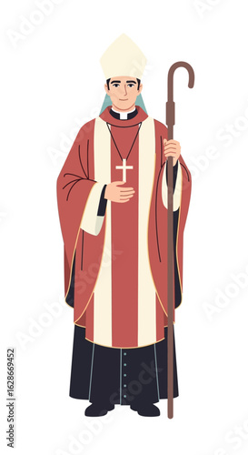 Illustration of a Catholic bishop in traditional vestments holding a crozier, representing spiritual leadership and faith