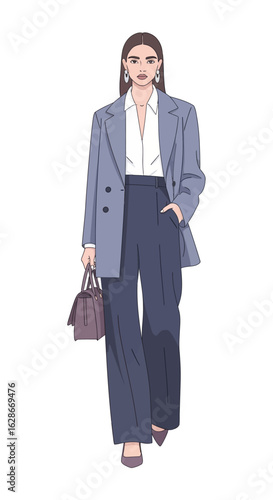 Stylish woman in a modern business suit. Elegant female model in a blue blazer and wide-leg trousers walking with a handbag.