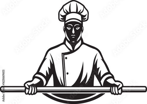 Chef with a rolling pin in a stylized illustration cooking food