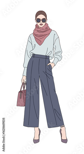 Vector illustration of a fashionable young woman posing in a trendy outfit. Concept of urban street style and elegance.
