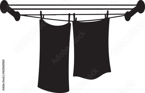 Black silhouette of two towels hanging on a clothesline with clothespins